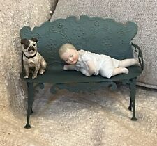 Antique Cute Vignette Lot Piano Baby Bisque Doll Lead Dog Tin Bench picture