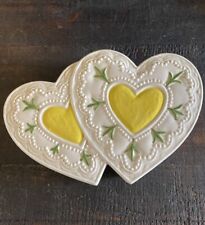Vintage Hand-Painted Double Heart Trinket Box 8x5 Yellow Hearts 💛 picture