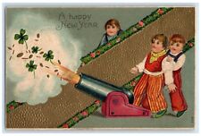 1907 New Year Children Cannon Shamrocks Embossed Washington DC Antique Postcard picture