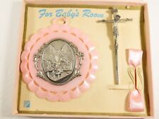 Lovely Vintage Baby Room Religious Plaque and Cross Crucifix Pink Theme C4260 picture