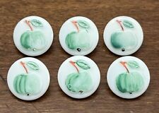 Vintage Set of 6 GREEN APPLE on White Glass Kiddie Buttons - 1/2