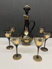 Vintage 7pc Romanian Smokey Blown Glass Decanter set hand painted gold picture