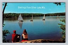 Silver Lake WI-Wisconsin, Scenic Greeting Sailing on Blue Water Vintage Postcard picture