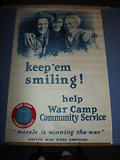 VINTAGE WWI WORLD WAR 1 1918 BRACKER KEEP EM SMILING WAR CAMP SERVICE POSTER picture