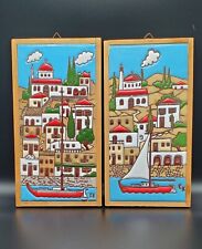 Vintage Greek Ceramic Art Tile Delfi Greece Sailing Island Signed Set of 2 picture