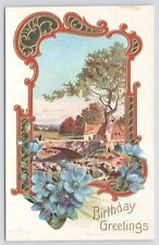 Greetings~Birthday~House Beside Bridge~Blue Flowers~c1910 Postcard picture