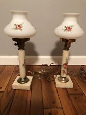 (2) Antique Milk Glass Lamp Marble Base  Electric Light Dresser Table 15.5” picture