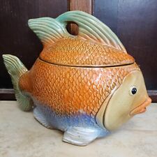 RARE LARGE GOLD FISH~BEAUTIFUL GLAZE ~CERAMIC COOKIE JAR/CANISTER HOLDER & LID picture