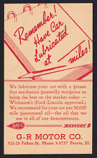 Illinois-IL-Peoria-Advertising-G-R Motor Co-Whitmore Lubricant-Vintage Card picture