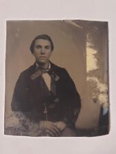 Antique 6th Plate Tintype Photo Seated Young Man Suit Large Tie Portrait picture