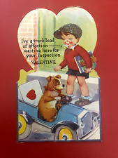 Vintage Valentine die-cut, dog driving car w/ valentine delivery & school boy picture