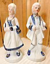 Vintage Colonial Figurines Bisque Porcelain Man & Woman Blue White Gold 6.5