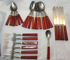 BAKELITE Catalin Sta-brite Flatware Red Handles Set 28 Spoons Knives Forks MCM picture