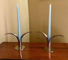 Pair of MCM Signed Ystad Metall Lily Brass Candleholders Sweden Vintage picture