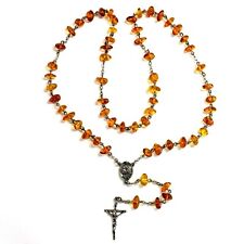 925 Solid Pure Sterling Silver Honey Baltic Amber Rosary Beads Necklace 22 in picture