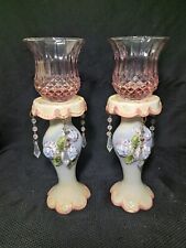 Pair Of Floral Chic Mantle Lusters Pink Glass Candleholders With Prisms picture