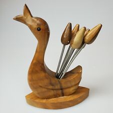 Vintage Wood Appetizer Forks Art Duck Olive Pick Holder MCM Handmade Spain 7pc picture
