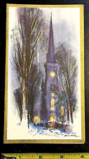 Vtg 50s Art Guild Ralph Avery Gold Enhanced Church Christmas Eve Greeting Card picture