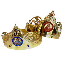 Golden Byzantine Orthodox wedding crowns set of two in Christian church picture