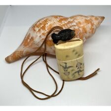 Vintage Japanese Hand Carved Scrimshaw Bone Inro Case Cord Fish Netsuke Toggle picture