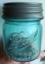 Original Vintage 1910-1923 Ball Perfect Mason Half Pint, Aqua Blue Glass Jar picture