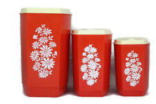 Mid Century Set of 3 Retro Plastic Orange Kitchen Canisters White Floral Pattern picture