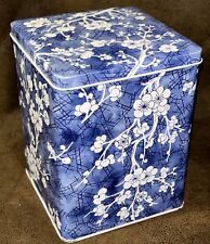 VTG Daher Tin Canister Cherry Blossoms Blue and White Hinged Lid Made in England picture