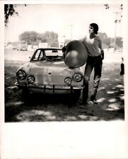 LG14 1970 Original Photo MAN WITH GIANT PUMPKIN on Hood of Classic Fiat Car picture