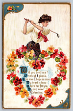 1912  LADY GOLFER VALENTINES postcard embossed, lovely picture