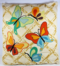 Vtg 80's Crewel Embroidered Pillow Butterfly Bojo Cottage Core Granny Chic picture
