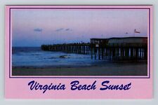Virginia Beach VA-Virginia, Sundown Over 14th Street Pier, Vintage Card Postcard picture
