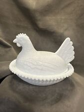 Vintage Indiana Milk Glass Hen Nest Beaded Dish Candy Covered Chicken Nice picture