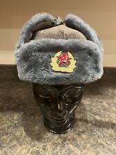 Vintage Authentic Soviet Russian Winter Army Hat w/Badge Ushanka Blue Gray Sz 60 picture