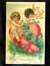 LOVELY ANTIQUE UDB MY VALENTINE POSTCARD HEARTS, VIOLETS & CUPIDS POSTED 1907 picture