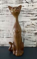 MCM Faux Brown Wood Cat Figurine Tall Skinny Red Rhinestone Eyes 7.5” Tall picture
