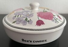 See’s Candies Ceramic Floral Candy Nut Dish W/ Lid Roses Violets 3” Tall X 5.75” picture