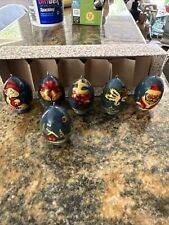 Vtg. Russian Wood Lacquer Egg Hand Painted Christmas 2” Ornaments Boxed Set Of 6 picture