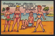 Florida-Greetings-Comic Humor-Women Beach Bikini-Vintage Linen Postcard-Curteich picture