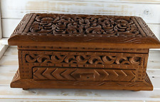 Vintage Hand Carved Teak Wood Jewelry Box with Feet 13