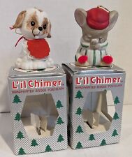  2 Vtg L'il Chimer Bisque Porcelain  Christmas Ornament Bell Puppy & Mouse NOS picture