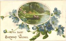 With Best Birthday Wishes Picturesque Lake Blue Flowers Postcard picture