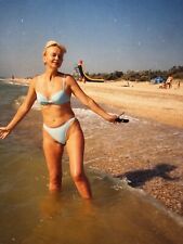 2000s Vintage Photo Beach Slender Young Happy Blonde Woman Bikini Posing on Sea picture