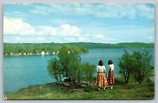Saratoga Lake NY New York two girls standing lakeside 1950s Vintage Postcard picture