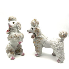 MCM Porcelain Pair of French Poodle Figurines Applied Pink Rose/Gold Gilt- JAPAN picture