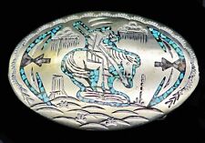 End Of The Trail Indian Turquoise Inlay Southwest Signed SD Vintage Belt Buckle picture