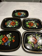 5 Vintage Zhostovo Soviet Russian Hand Painted Flowers Toleware Trays Yeha 8x6” picture