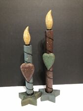 Primitive Wooden Carved Taper Candles Farmhouse Rustic Hearts Stars Set Of 2 -A4 picture
