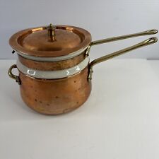 Copper Brass Double Boiler Fondue Lid White Ceramic Liner 3-Pc Farmhouse VTG picture