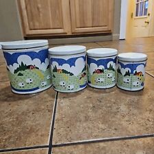 Vintage 1982 Nina Sheep Farm Nesting Tin Canisters Set Of 4 Country With Lids  picture