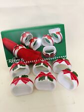 Vintage Set of 6 Christmas Napkin Rings. Fine Porcelain Holly Designs. Japan.  picture